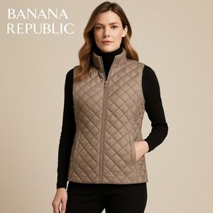 Banana Republic Women's Quilted Puffer Vest Taupe Beige XL Lightweight‎ Zip
